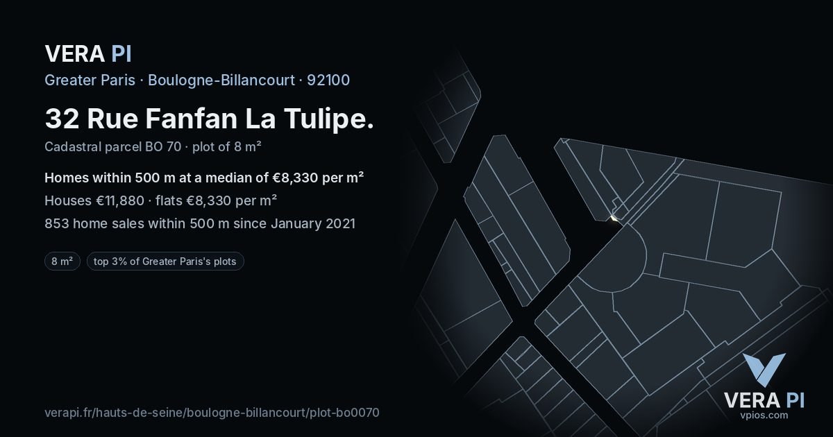 32 Rue Fanfan La Tulipe, Boulogne-Billancourt at night – the plot lit, the parcels around coloured by the prices near them