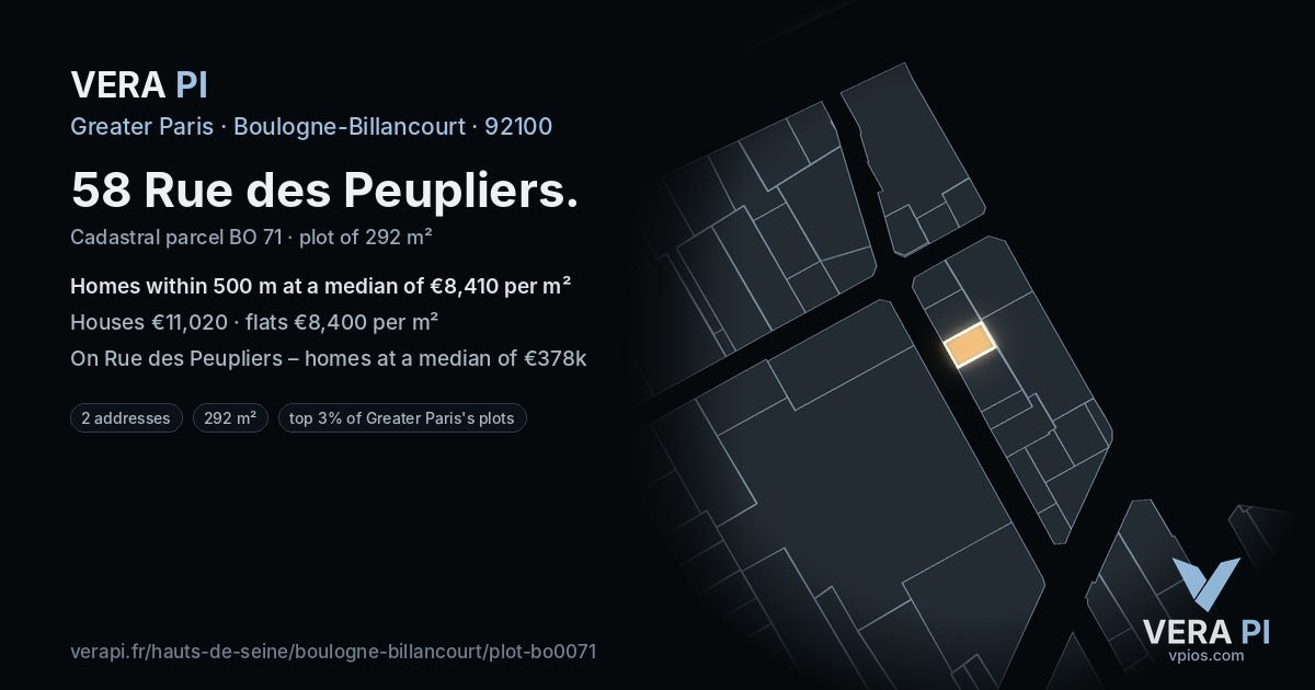 58 Rue des Peupliers, Boulogne-Billancourt at night – the plot lit, the parcels around coloured by the prices near them