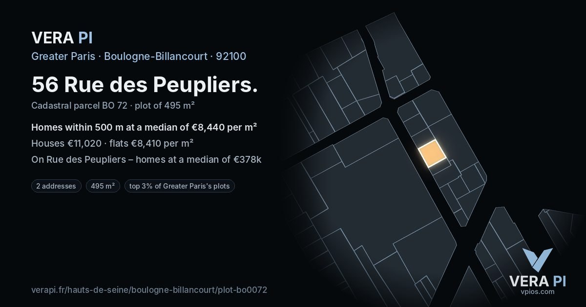 56 Rue des Peupliers, Boulogne-Billancourt at night – the plot lit, the parcels around coloured by the prices near them