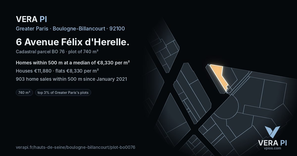 6 Avenue Félix d'Herelle, Boulogne-Billancourt at night – the plot lit, the parcels around coloured by the prices near them