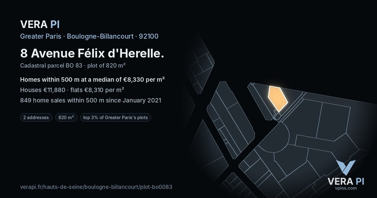 8 Avenue Félix d'Herelle, Boulogne-Billancourt at night – the plot lit, the parcels around coloured by the prices near them