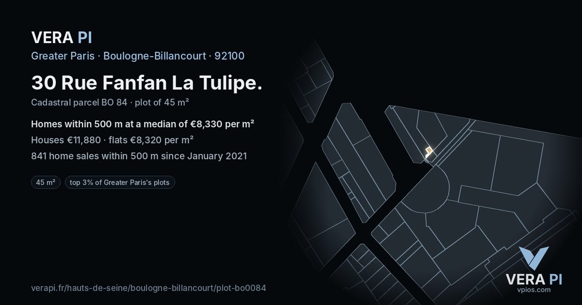 30 Rue Fanfan La Tulipe, Boulogne-Billancourt at night – the plot lit, the parcels around coloured by the prices near them