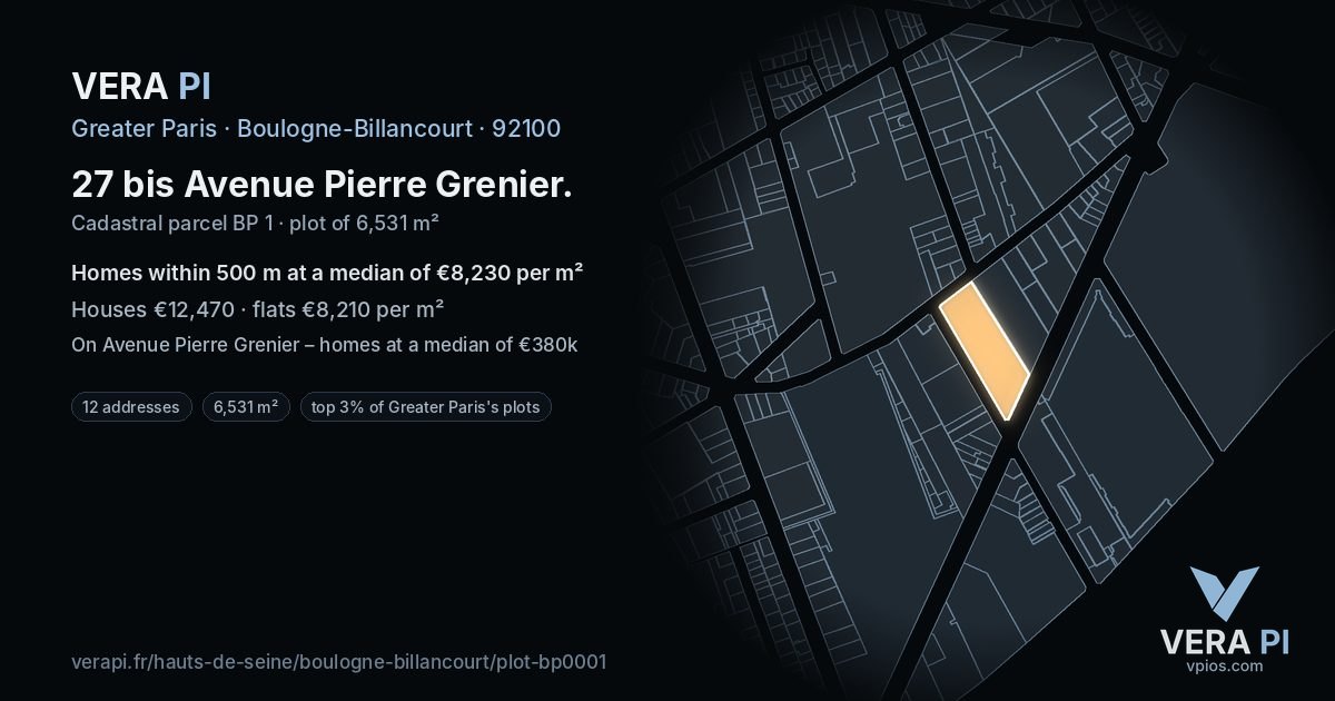 27 bis Avenue Pierre Grenier, Boulogne-Billancourt at night – the plot lit, the parcels around coloured by the prices near them