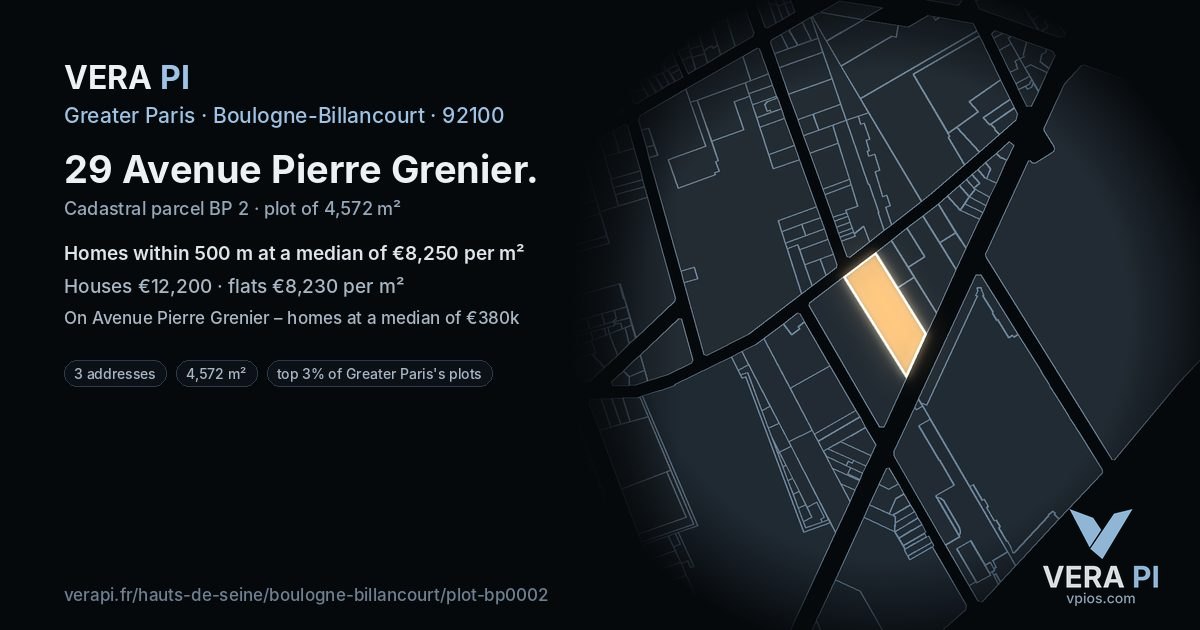 29 Avenue Pierre Grenier, Boulogne-Billancourt at night – the plot lit, the parcels around coloured by the prices near them