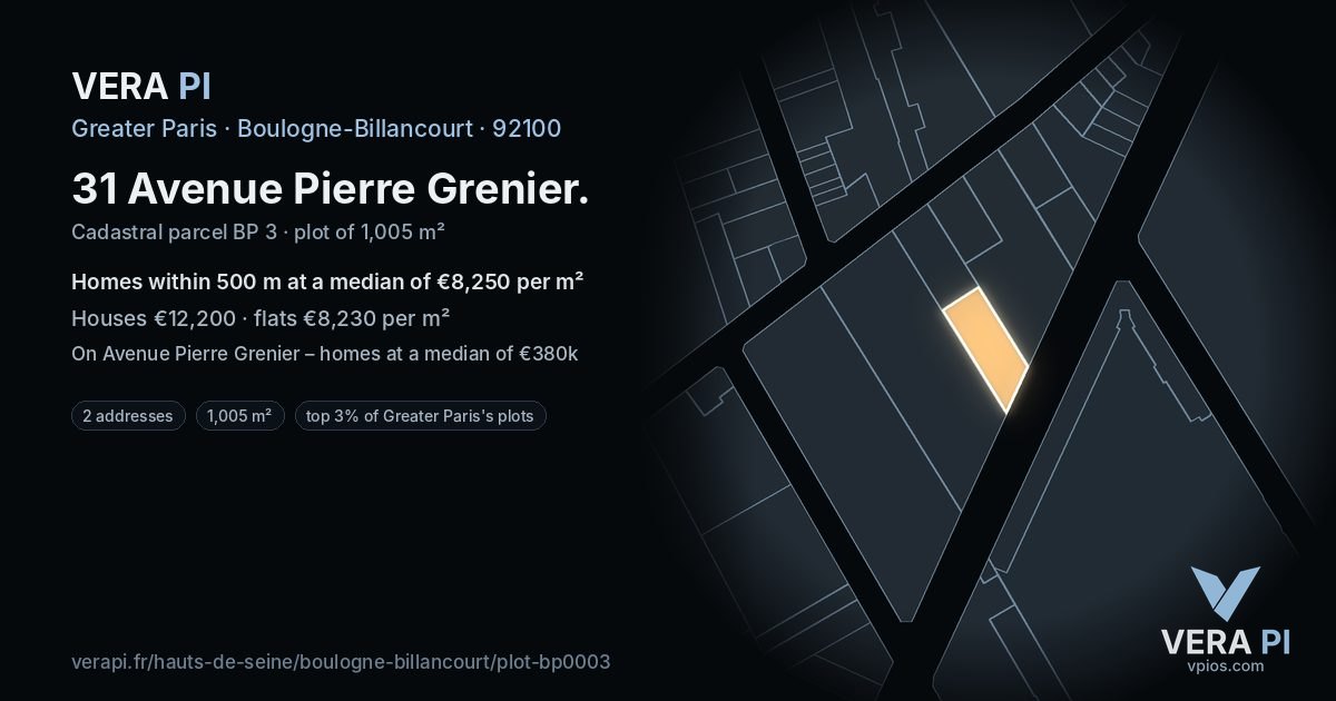 31 Avenue Pierre Grenier, Boulogne-Billancourt at night – the plot lit, the parcels around coloured by the prices near them