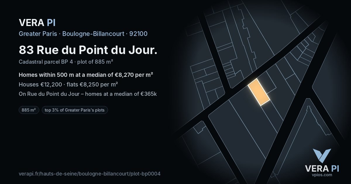 83 Rue du Point du Jour, Boulogne-Billancourt at night – the plot lit, the parcels around coloured by the prices near them