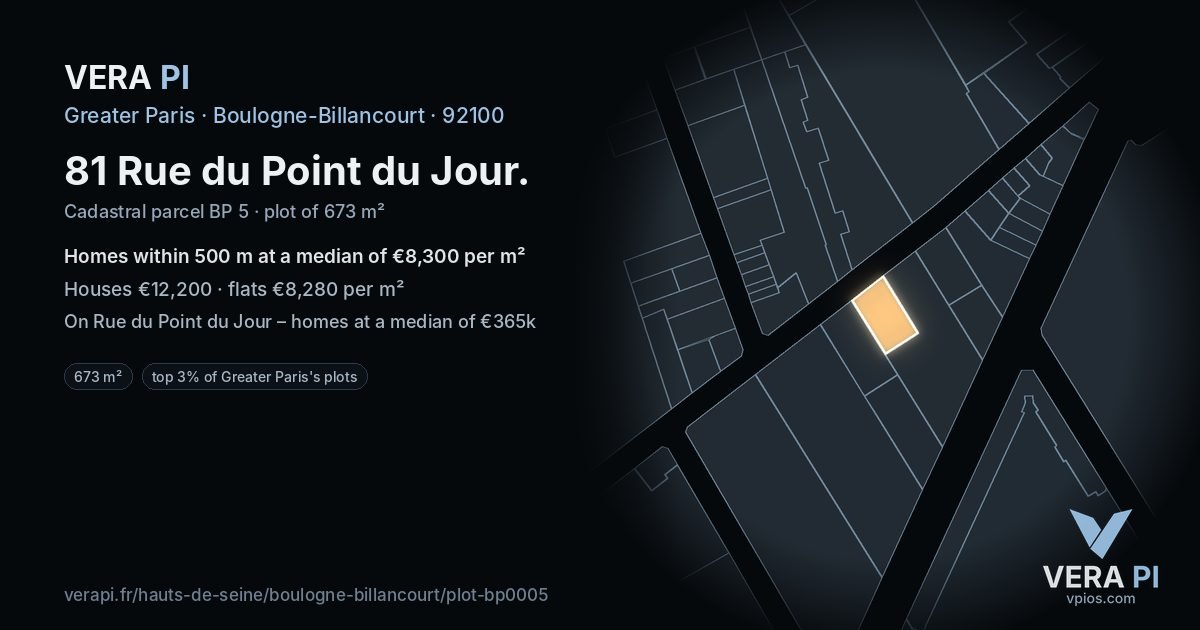 81 Rue du Point du Jour, Boulogne-Billancourt at night – the plot lit, the parcels around coloured by the prices near them