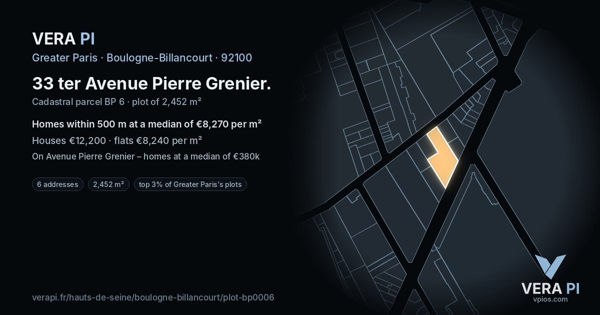 33 ter Avenue Pierre Grenier, Boulogne-Billancourt at night – the plot lit, the parcels around coloured by the prices near them