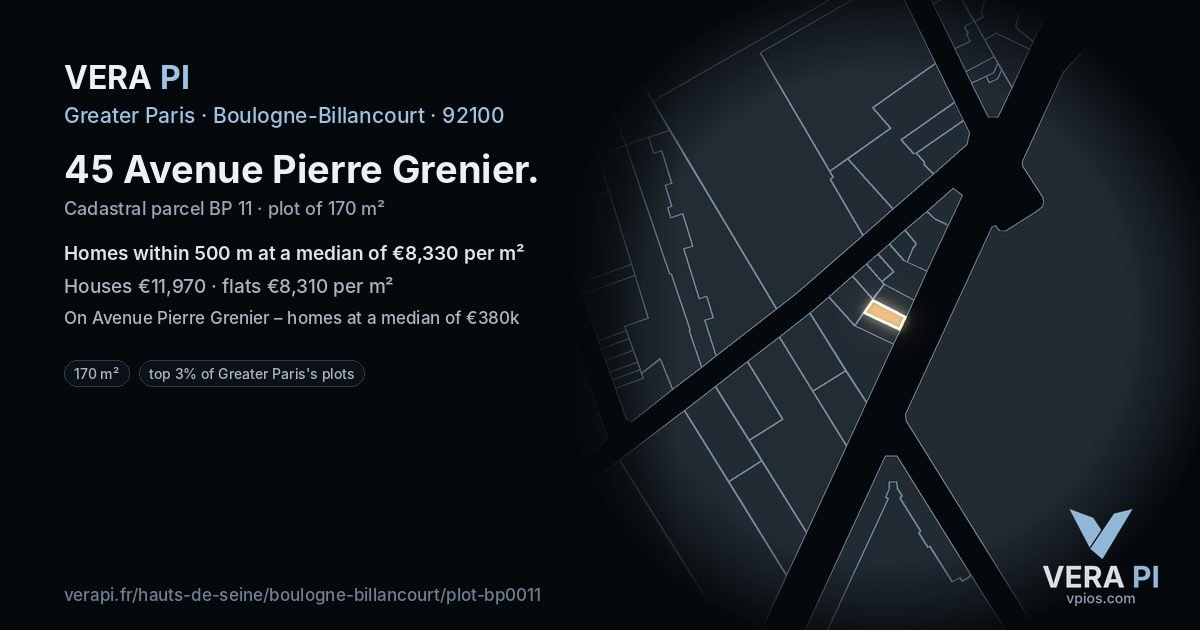 45 Avenue Pierre Grenier, Boulogne-Billancourt at night – the plot lit, the parcels around coloured by the prices near them