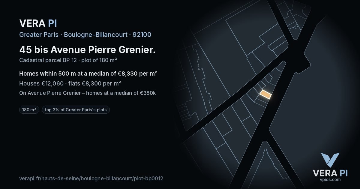 45 bis Avenue Pierre Grenier, Boulogne-Billancourt at night – the plot lit, the parcels around coloured by the prices near them