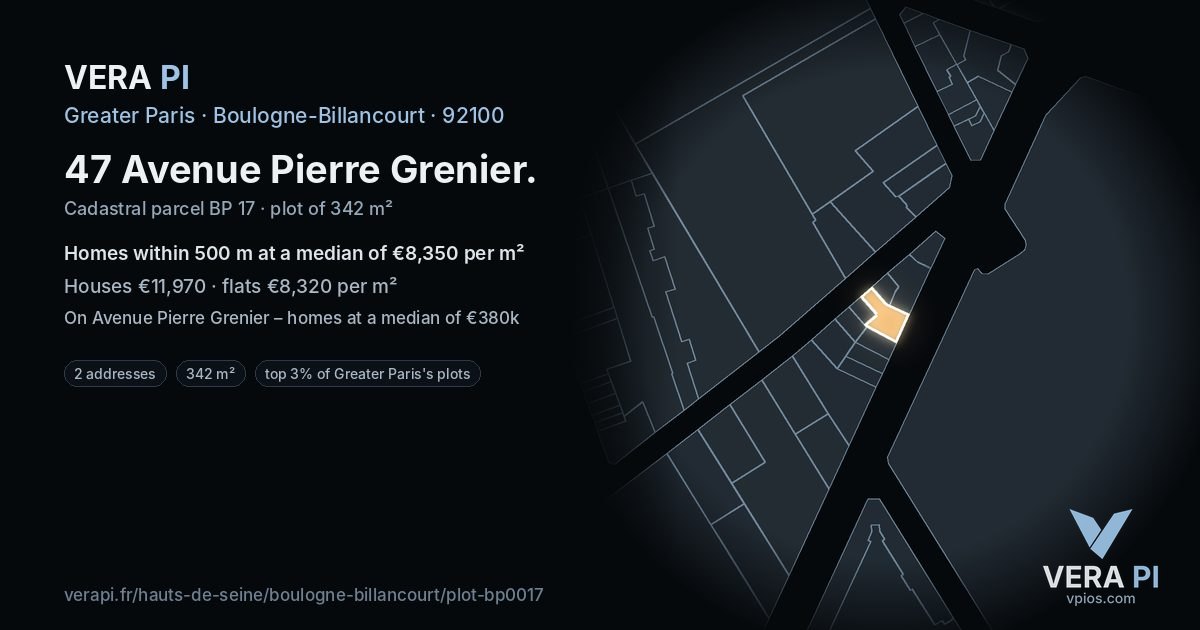 47 Avenue Pierre Grenier, Boulogne-Billancourt at night – the plot lit, the parcels around coloured by the prices near them