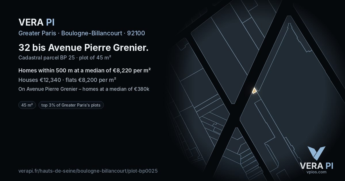 32 bis Avenue Pierre Grenier, Boulogne-Billancourt at night – the plot lit, the parcels around coloured by the prices near them