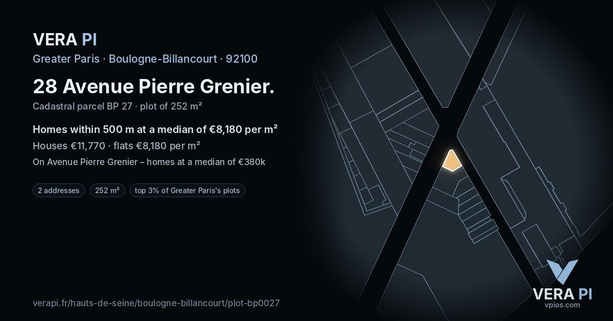 28 Avenue Pierre Grenier, Boulogne-Billancourt at night – the plot lit, the parcels around coloured by the prices near them
