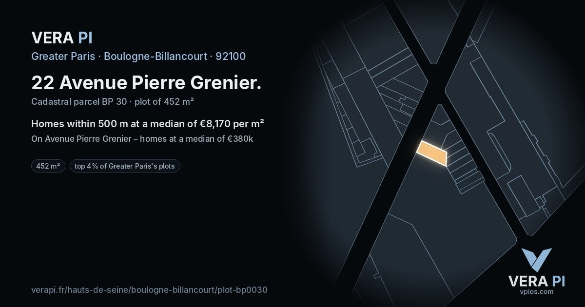 22 Avenue Pierre Grenier, Boulogne-Billancourt at night – the plot lit, the parcels around coloured by the prices near them