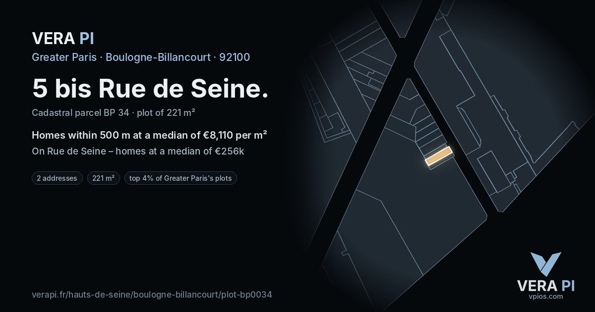 5 bis Rue de Seine, Boulogne-Billancourt at night – the plot lit, the parcels around coloured by the prices near them