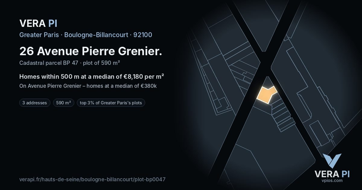26 Avenue Pierre Grenier, Boulogne-Billancourt at night – the plot lit, the parcels around coloured by the prices near them