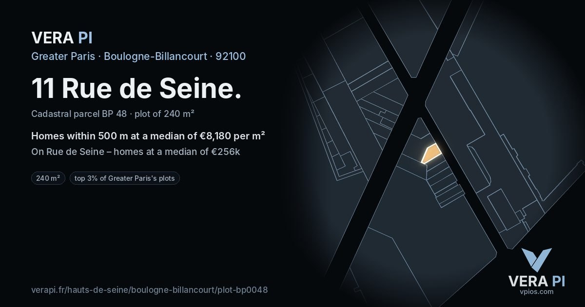 11 Rue de Seine, Boulogne-Billancourt at night – the plot lit, the parcels around coloured by the prices near them
