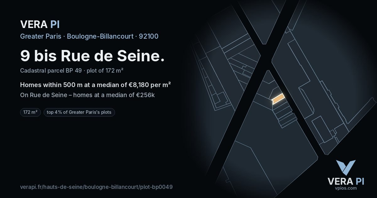 9 bis Rue de Seine, Boulogne-Billancourt at night – the plot lit, the parcels around coloured by the prices near them