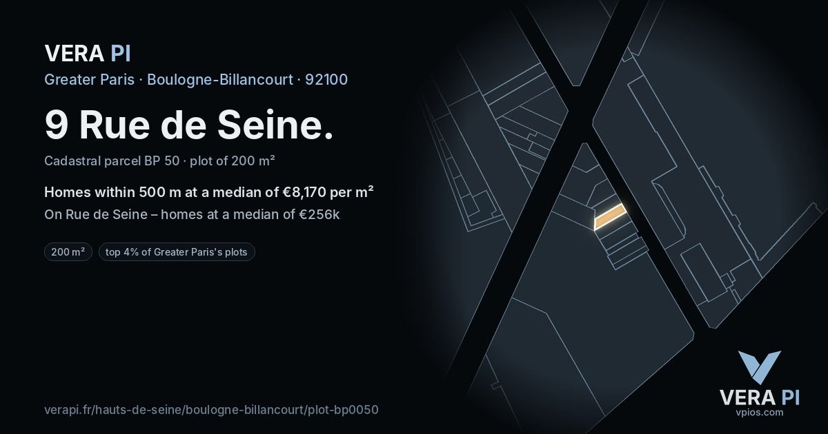 9 Rue de Seine, Boulogne-Billancourt at night – the plot lit, the parcels around coloured by the prices near them