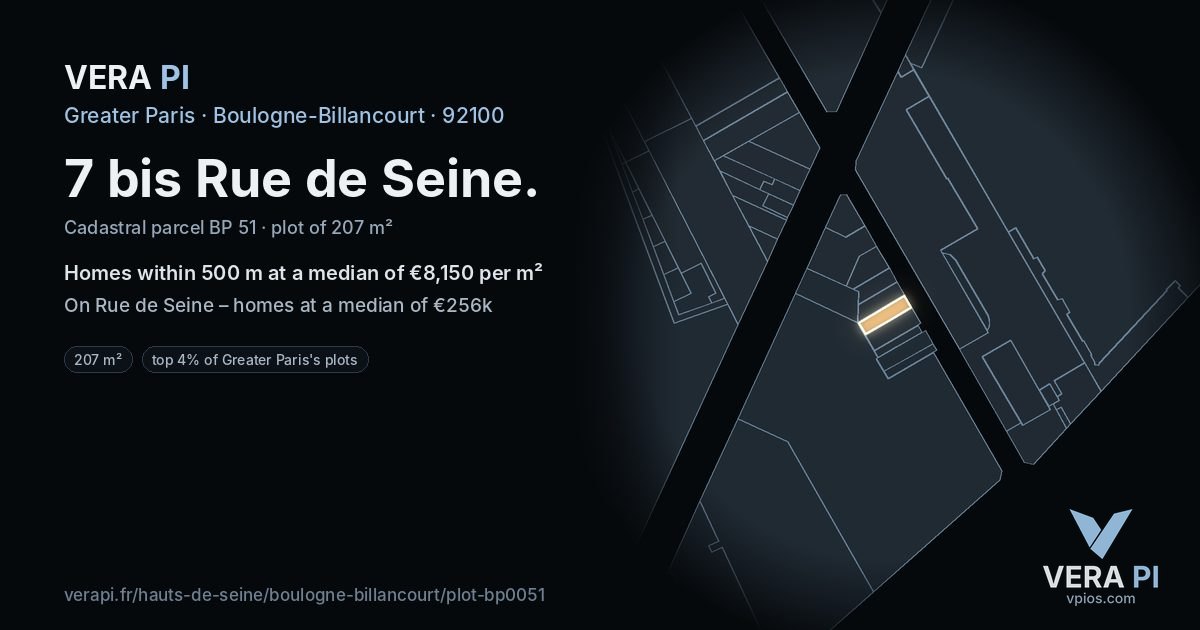 7 bis Rue de Seine, Boulogne-Billancourt at night – the plot lit, the parcels around coloured by the prices near them