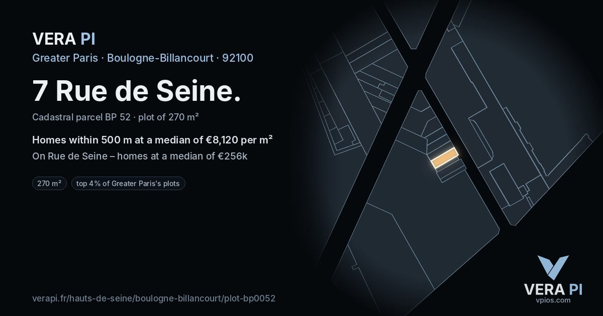 7 Rue de Seine, Boulogne-Billancourt at night – the plot lit, the parcels around coloured by the prices near them