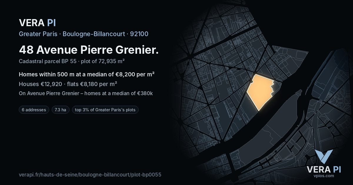 48 Avenue Pierre Grenier, Boulogne-Billancourt at night – the plot lit, the parcels around coloured by the prices near them