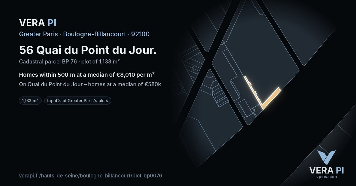 56 Quai du Point du Jour, Boulogne-Billancourt at night – the plot lit, the parcels around coloured by the prices near them