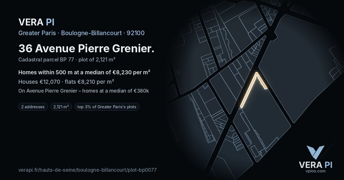 36 Avenue Pierre Grenier, Boulogne-Billancourt at night – the plot lit, the parcels around coloured by the prices near them