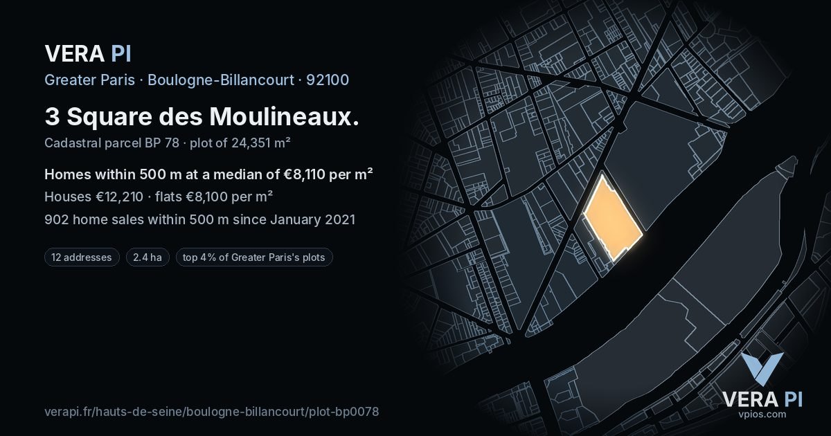 3 Square des Moulineaux, Boulogne-Billancourt at night – the plot lit, the parcels around coloured by the prices near them