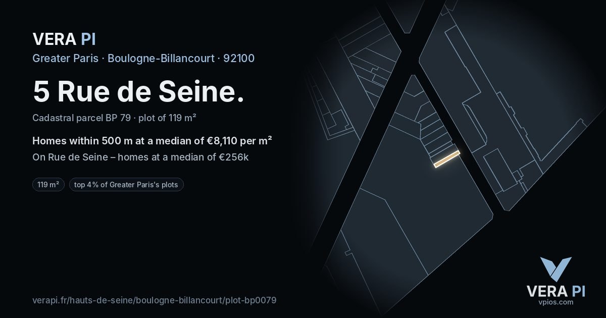 5 Rue de Seine, Boulogne-Billancourt at night – the plot lit, the parcels around coloured by the prices near them