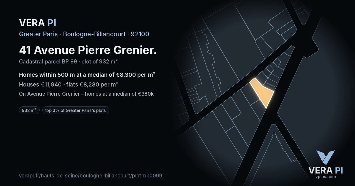 41 Avenue Pierre Grenier, Boulogne-Billancourt at night – the plot lit, the parcels around coloured by the prices near them