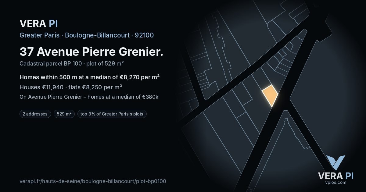 37 Avenue Pierre Grenier, Boulogne-Billancourt at night – the plot lit, the parcels around coloured by the prices near them