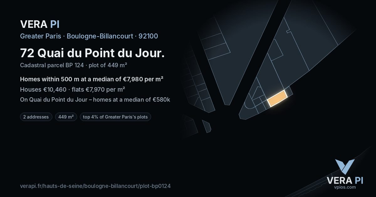 72 Quai du Point du Jour, Boulogne-Billancourt at night – the plot lit, the parcels around coloured by the prices near them