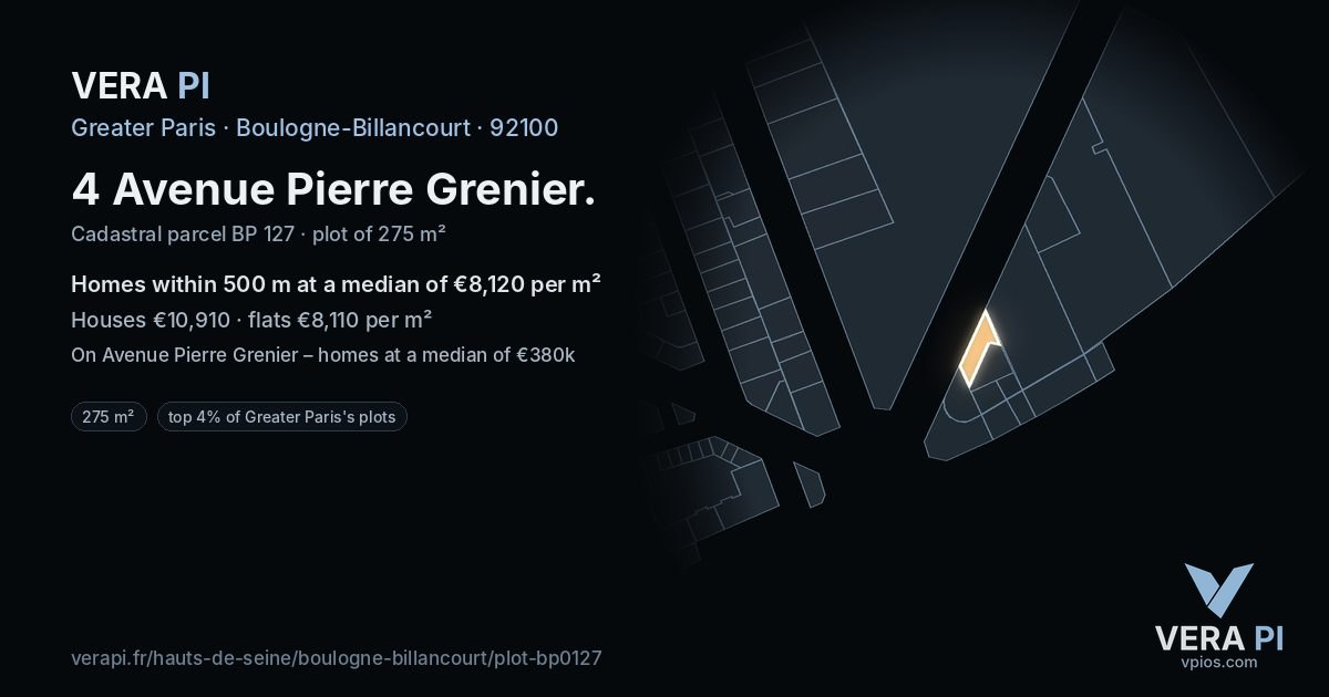 4 Avenue Pierre Grenier, Boulogne-Billancourt at night – the plot lit, the parcels around coloured by the prices near them