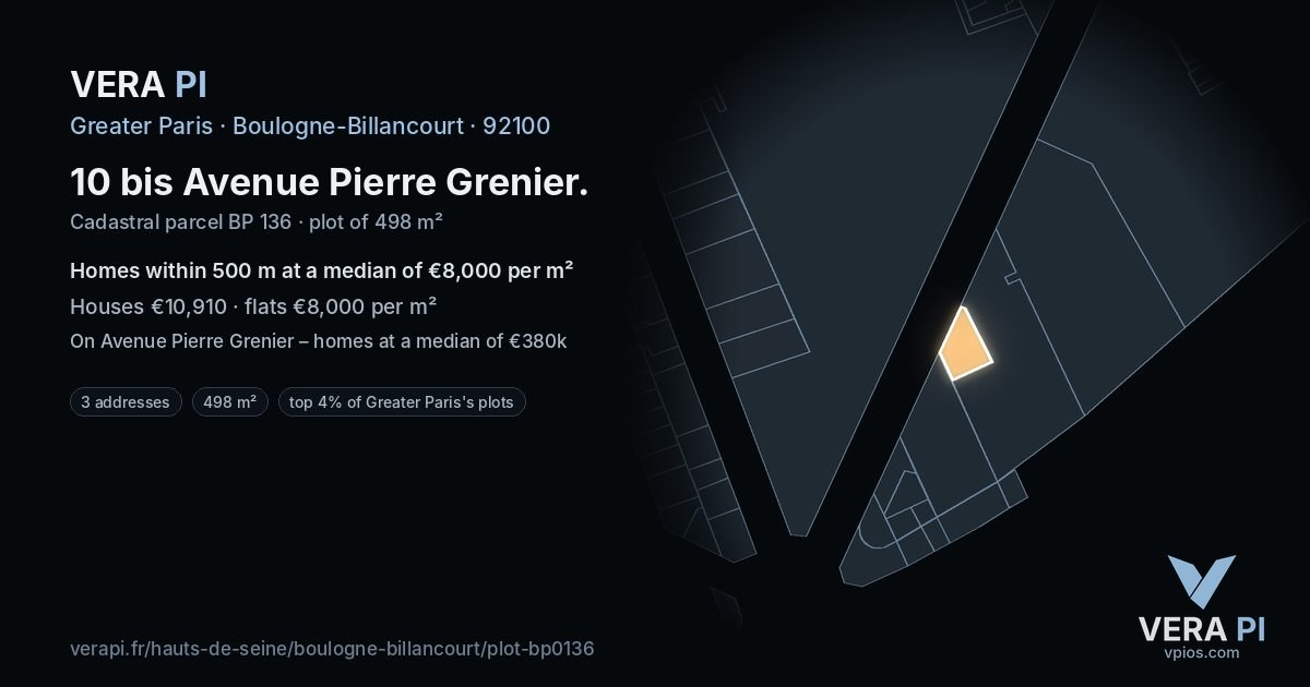 10 bis Avenue Pierre Grenier, Boulogne-Billancourt at night – the plot lit, the parcels around coloured by the prices near them