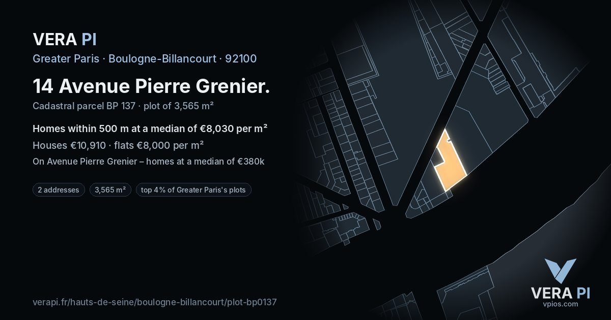 14 Avenue Pierre Grenier, Boulogne-Billancourt at night – the plot lit, the parcels around coloured by the prices near them