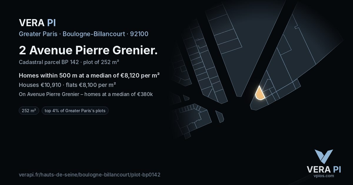 2 Avenue Pierre Grenier, Boulogne-Billancourt at night – the plot lit, the parcels around coloured by the prices near them