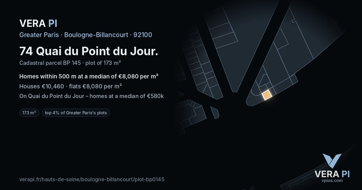 74 Quai du Point du Jour, Boulogne-Billancourt at night – the plot lit, the parcels around coloured by the prices near them