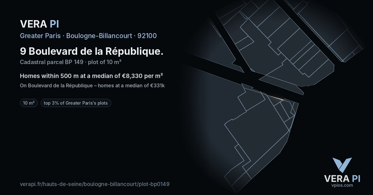 9 Boulevard de la République, Boulogne-Billancourt at night – the plot lit, the parcels around coloured by the prices near them