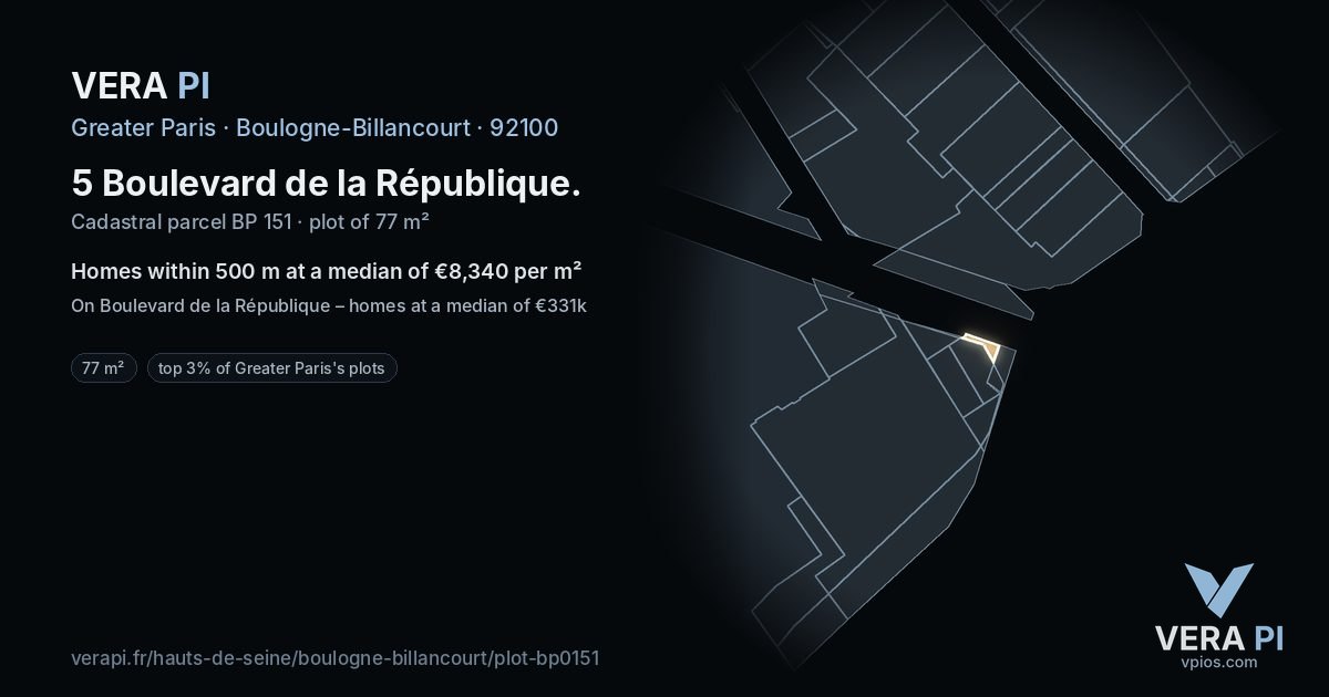 5 Boulevard de la République, Boulogne-Billancourt at night – the plot lit, the parcels around coloured by the prices near them