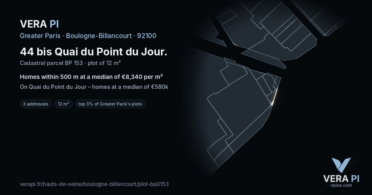 44 bis Quai du Point du Jour, Boulogne-Billancourt at night – the plot lit, the parcels around coloured by the prices near them
