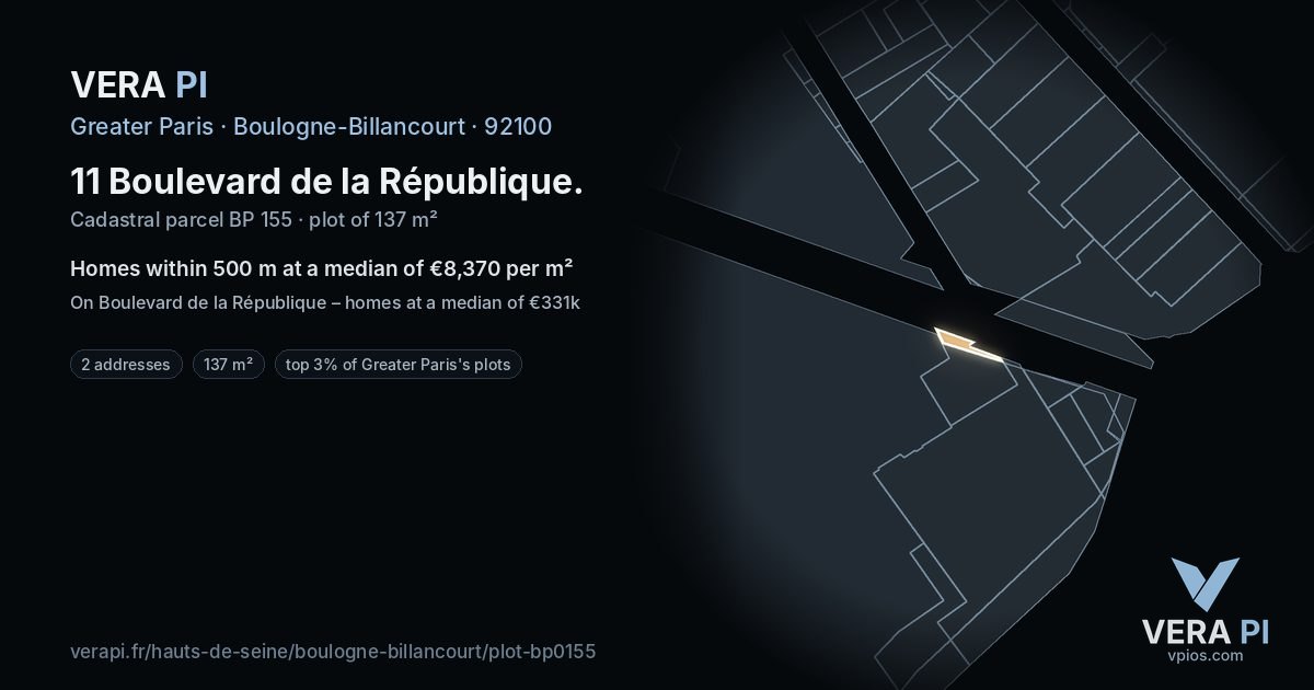 11 Boulevard de la République, Boulogne-Billancourt at night – the plot lit, the parcels around coloured by the prices near them