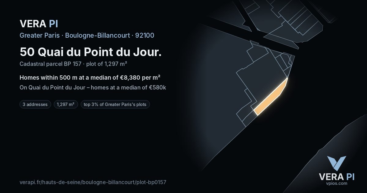 50 Quai du Point du Jour, Boulogne-Billancourt at night – the plot lit, the parcels around coloured by the prices near them