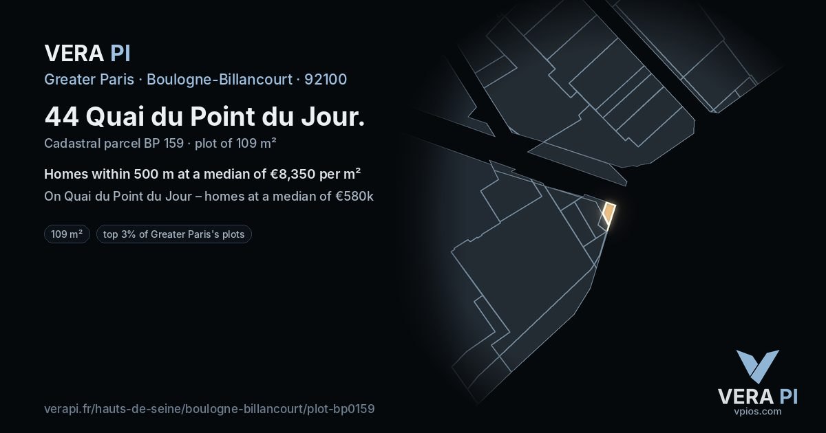 44 Quai du Point du Jour, Boulogne-Billancourt at night – the plot lit, the parcels around coloured by the prices near them