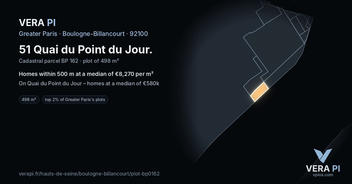 51 Quai du Point du Jour, Boulogne-Billancourt at night – the plot lit, the parcels around coloured by the prices near them