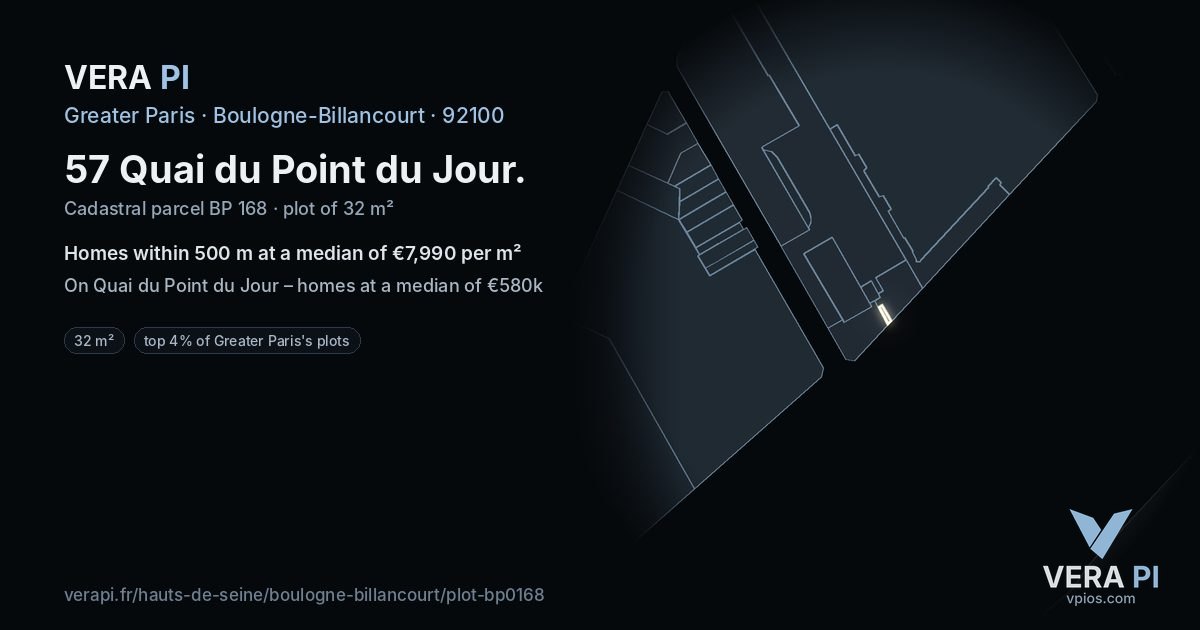 57 Quai du Point du Jour, Boulogne-Billancourt at night – the plot lit, the parcels around coloured by the prices near them