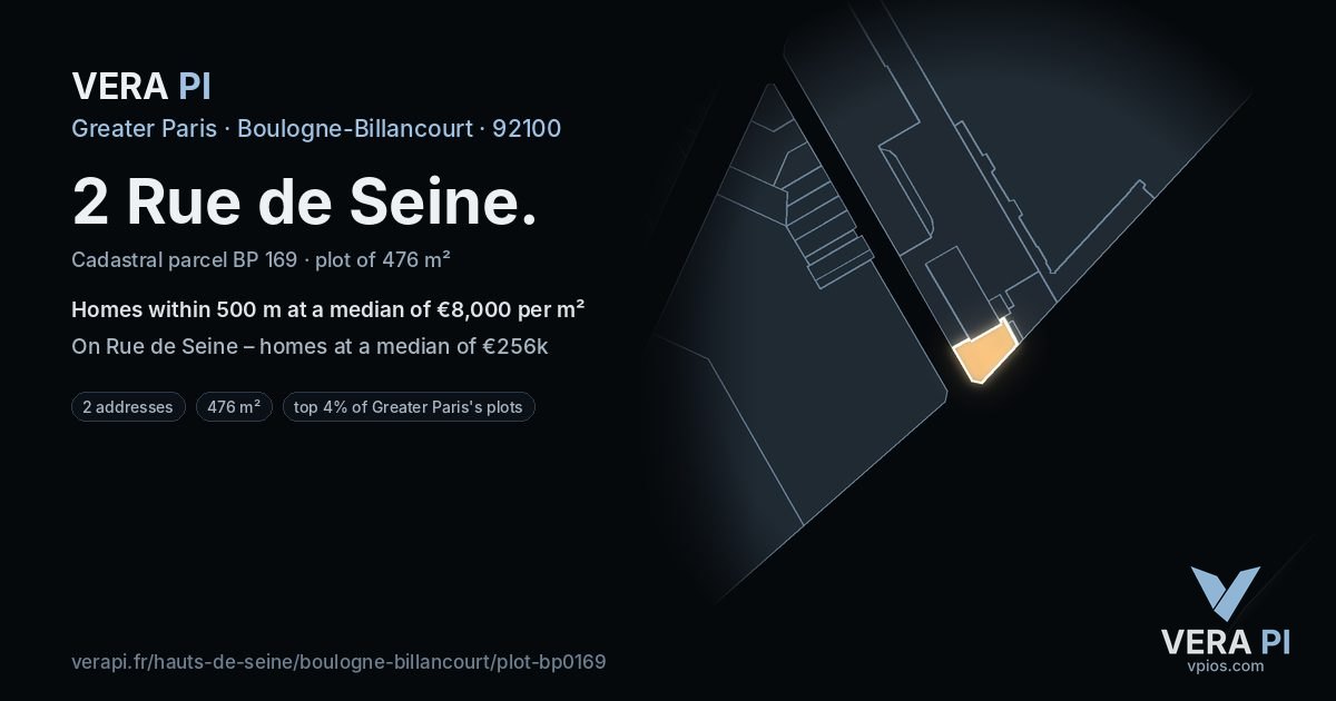 2 Rue de Seine, Boulogne-Billancourt at night – the plot lit, the parcels around coloured by the prices near them