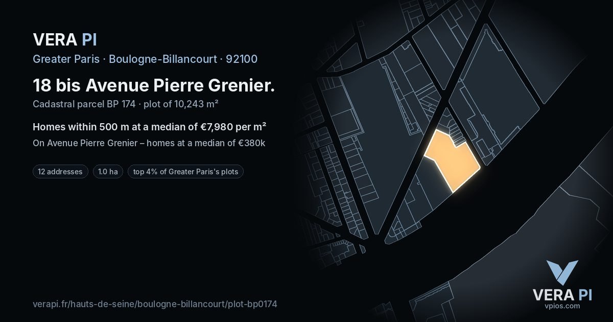 18 bis Avenue Pierre Grenier, Boulogne-Billancourt at night – the plot lit, the parcels around coloured by the prices near them