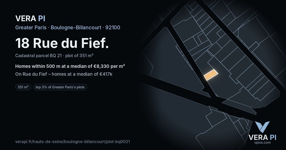18 Rue du Fief, Boulogne-Billancourt at night – the plot lit, the parcels around coloured by the prices near them