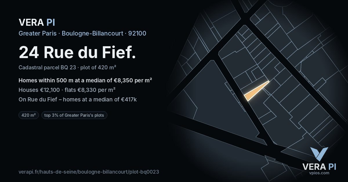 24 Rue du Fief, Boulogne-Billancourt at night – the plot lit, the parcels around coloured by the prices near them